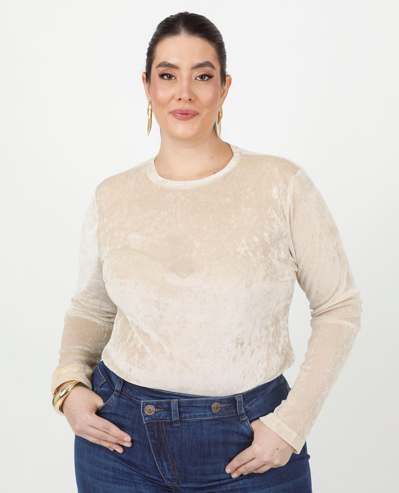 BUZO CUELLO REDONDO TALLAS GRANDES EN MESH TIPO VELVET Adrissa | Ropa para mujer Blusas