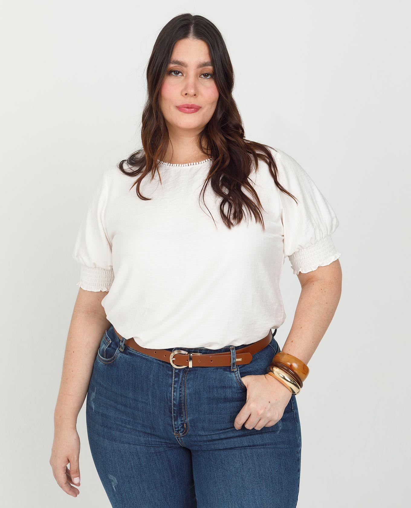 BLUSA MANGA CORTA TALLAS GRANDES ESCOTE CON PUNTILLA PUNOS CON NIDO DE ABEJA Adrissa | Ropa para mujer Blusas