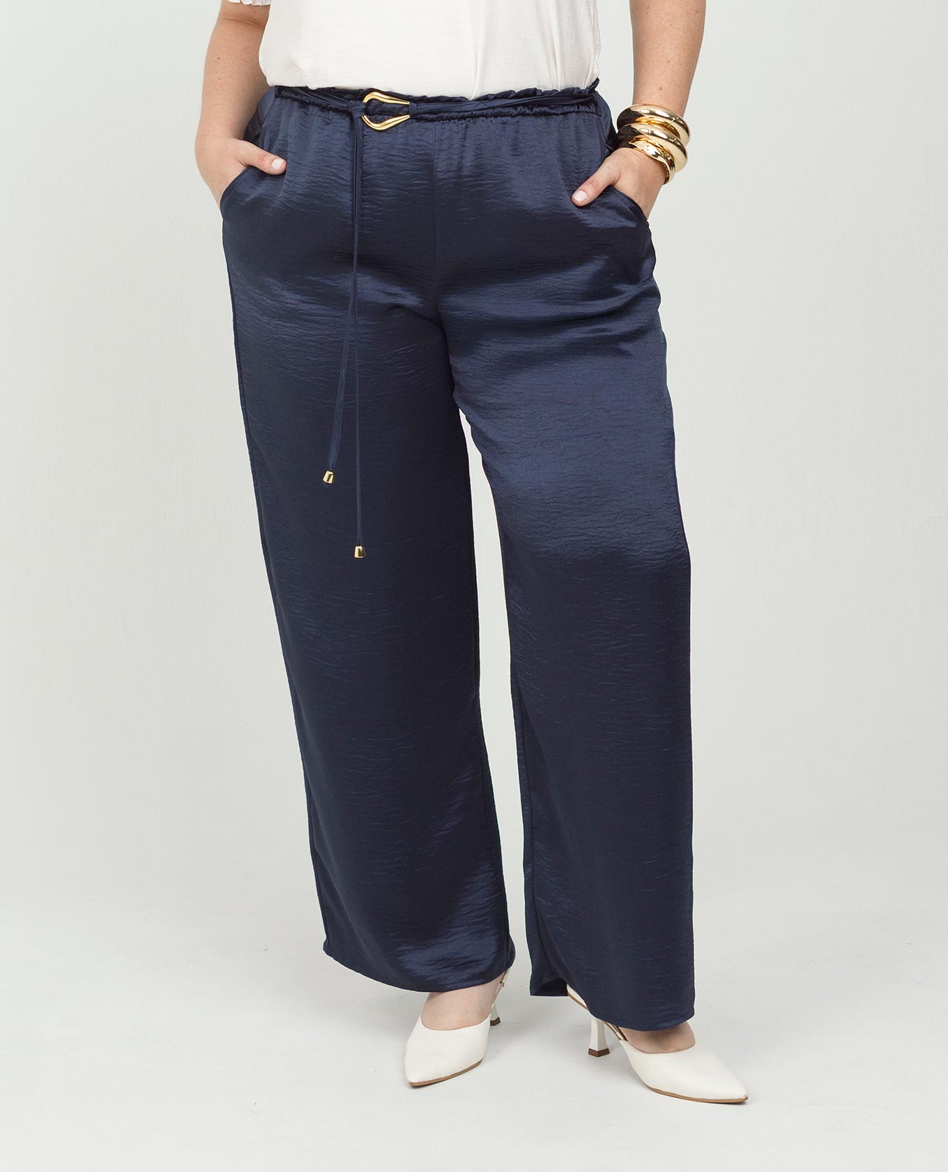 PANTALÓN SATINADO TALLAS GRANDES CINTURON CON HEBILLA PRETINA CON ELÁSTICO Adrissa | Ropa para mujer Pantalones
