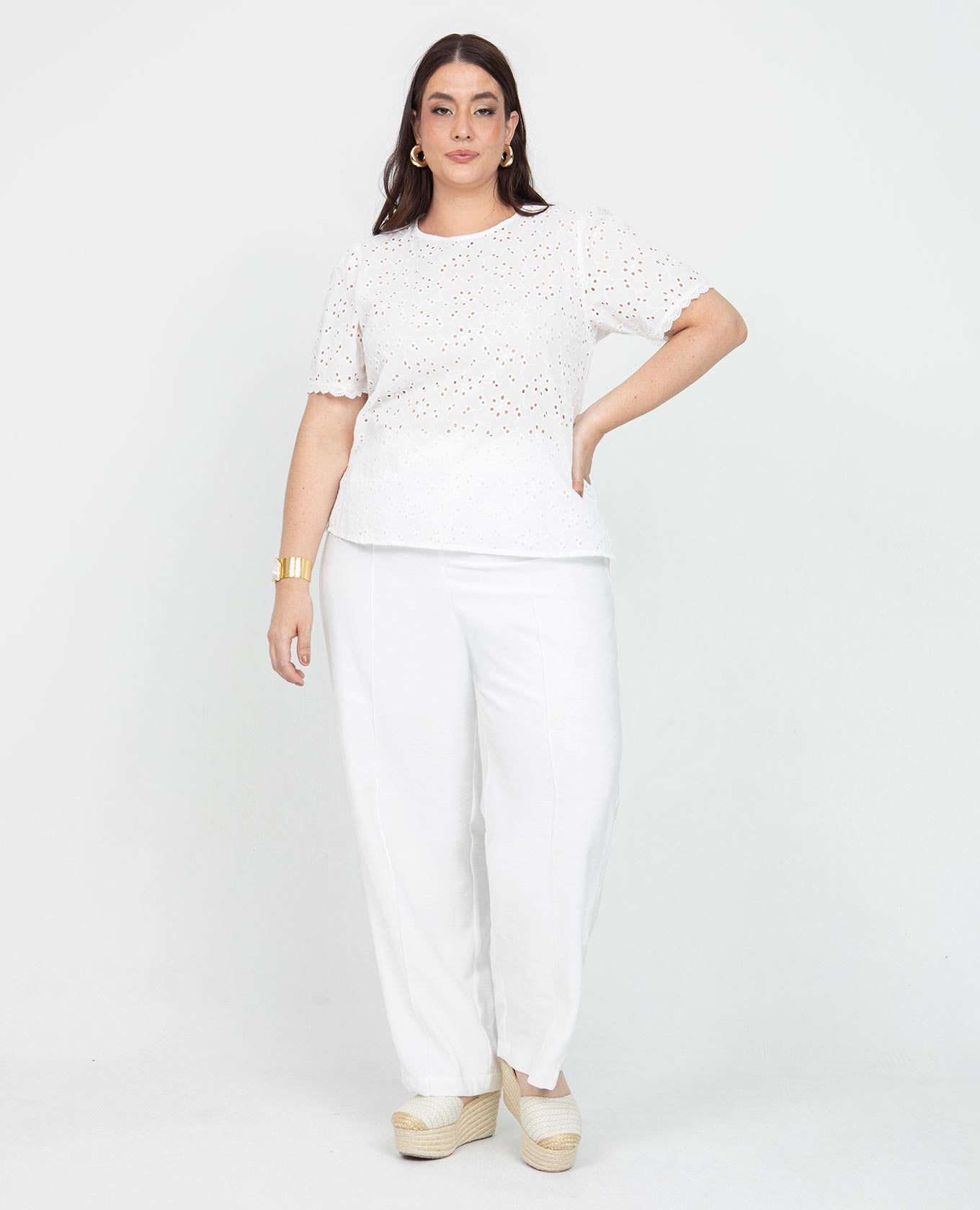 BLUSA MANGA CORTA TALLAS GRANDES EN MEZCLA CON OJALILLO MANGAS CON APLIQUE Adrissa | Ropa para mujer Blusas