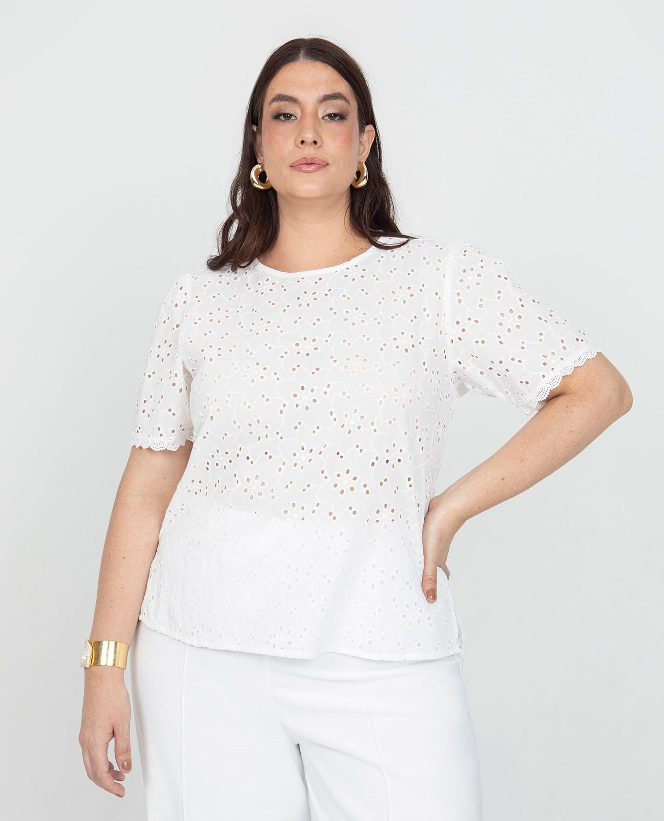 BLUSA MANGA CORTA TALLAS GRANDES EN MEZCLA CON OJALILLO MANGAS CON APLIQUE Adrissa | Ropa para mujer Blusas