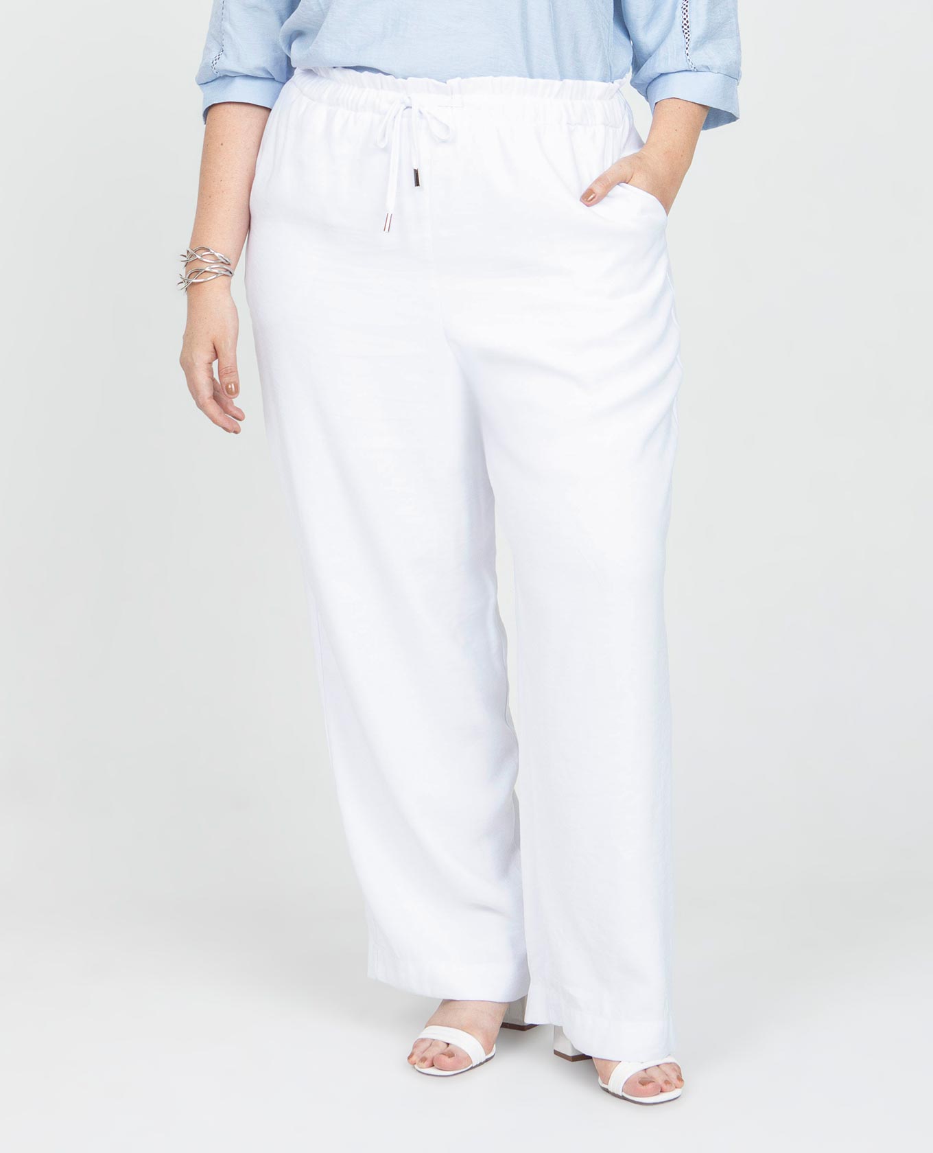 PANTALÓN BLANCO TALLAS GRANDES CINTURA CON ELÁSTICO Y CANAL CON TIRA PARA ANUDAR Adrissa | Ropa para mujer Pantalones