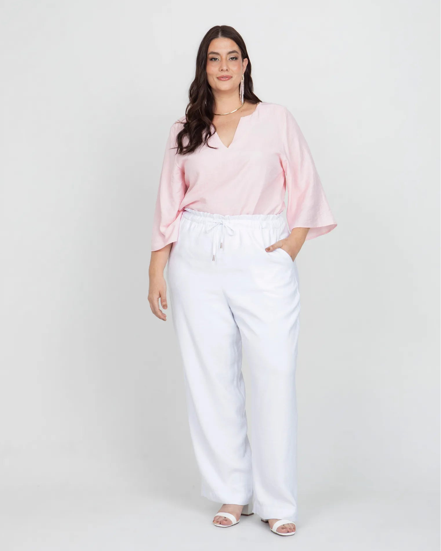 BLUSA MANGA 3/4 TALLAS GRANDES ESCOTE V CON MANGA ACAMPANADA 16 ROSADO Adrissa | Ropa para mujer Blusas