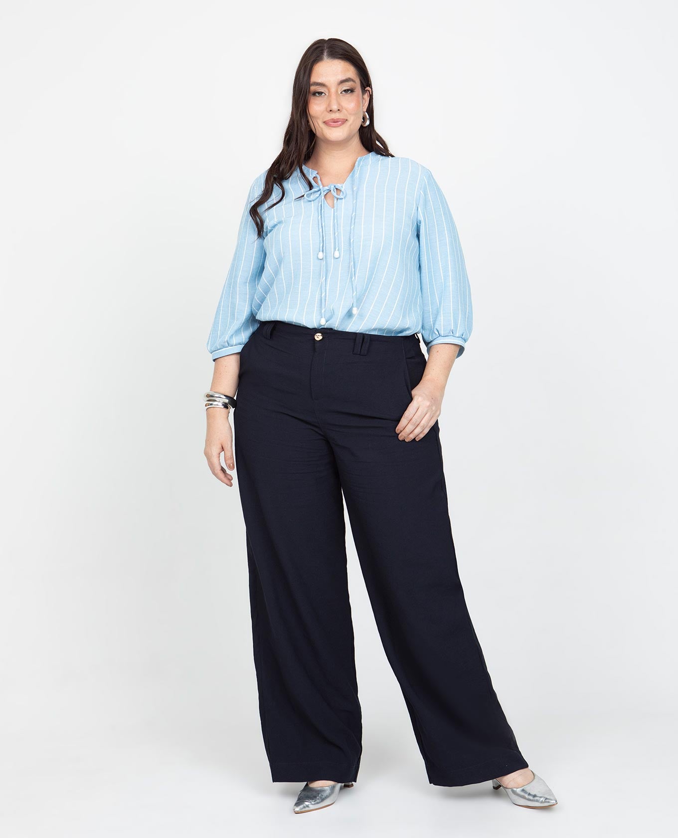BLUSA MANGA 3/4 TALLAS GRANDES ESTAMPADO RAYAS CON TIRAS PARA ANUDAR EN ESCOTE Adrissa | Ropa para mujer Blusas