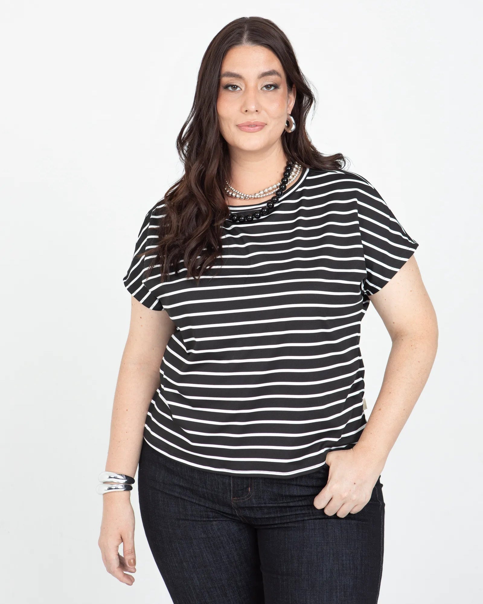 CAMISETA MANGA RODADA TALLAS GRANDES EN RAYAS PRETEÑIDAS CUELLO REDONDO Adrissa | Ropa para mujer Blusas