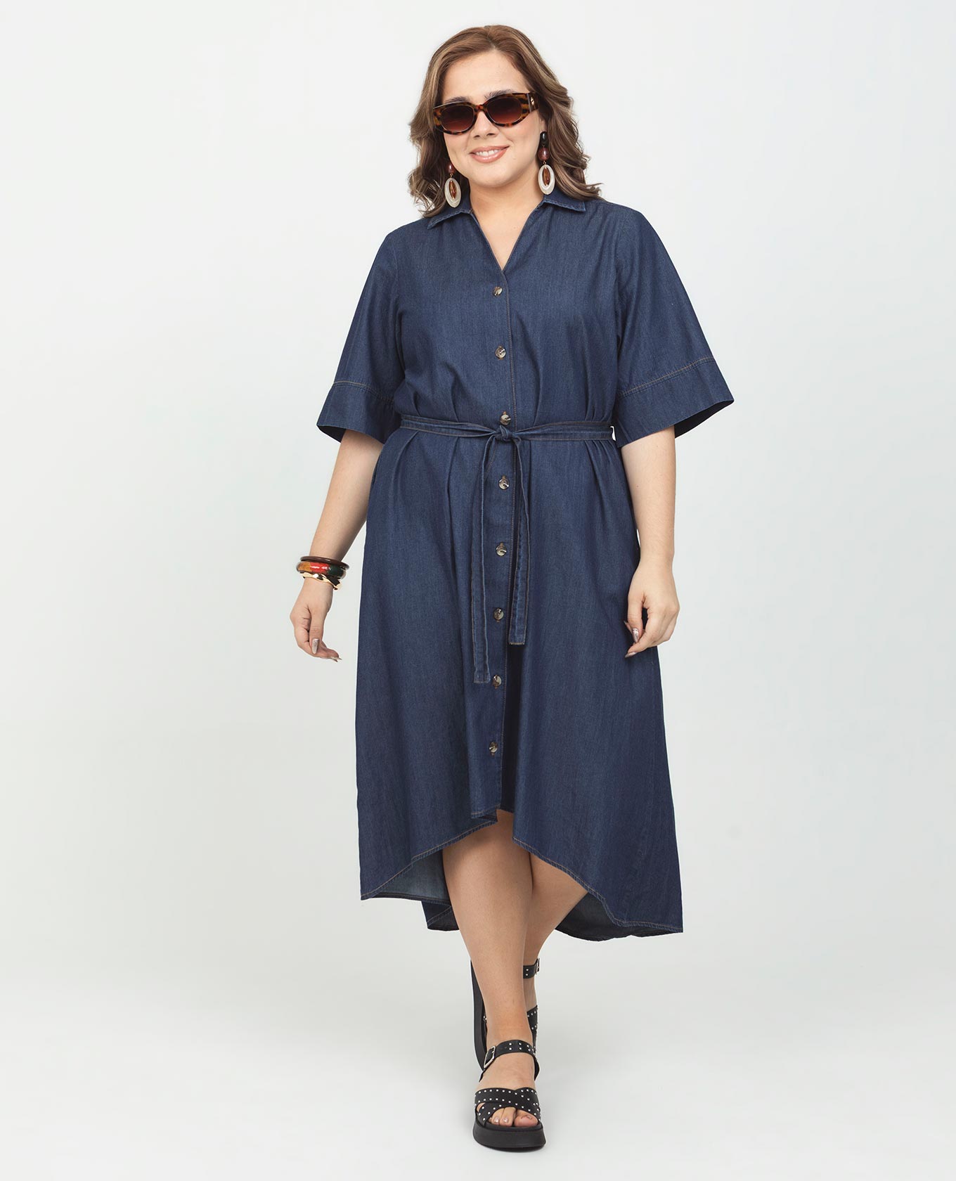 VESTIDO CAMISERO TALLAS GRANDES EN CHAMBRAY CON CINTURÓN MANGA CORTA Adrissa