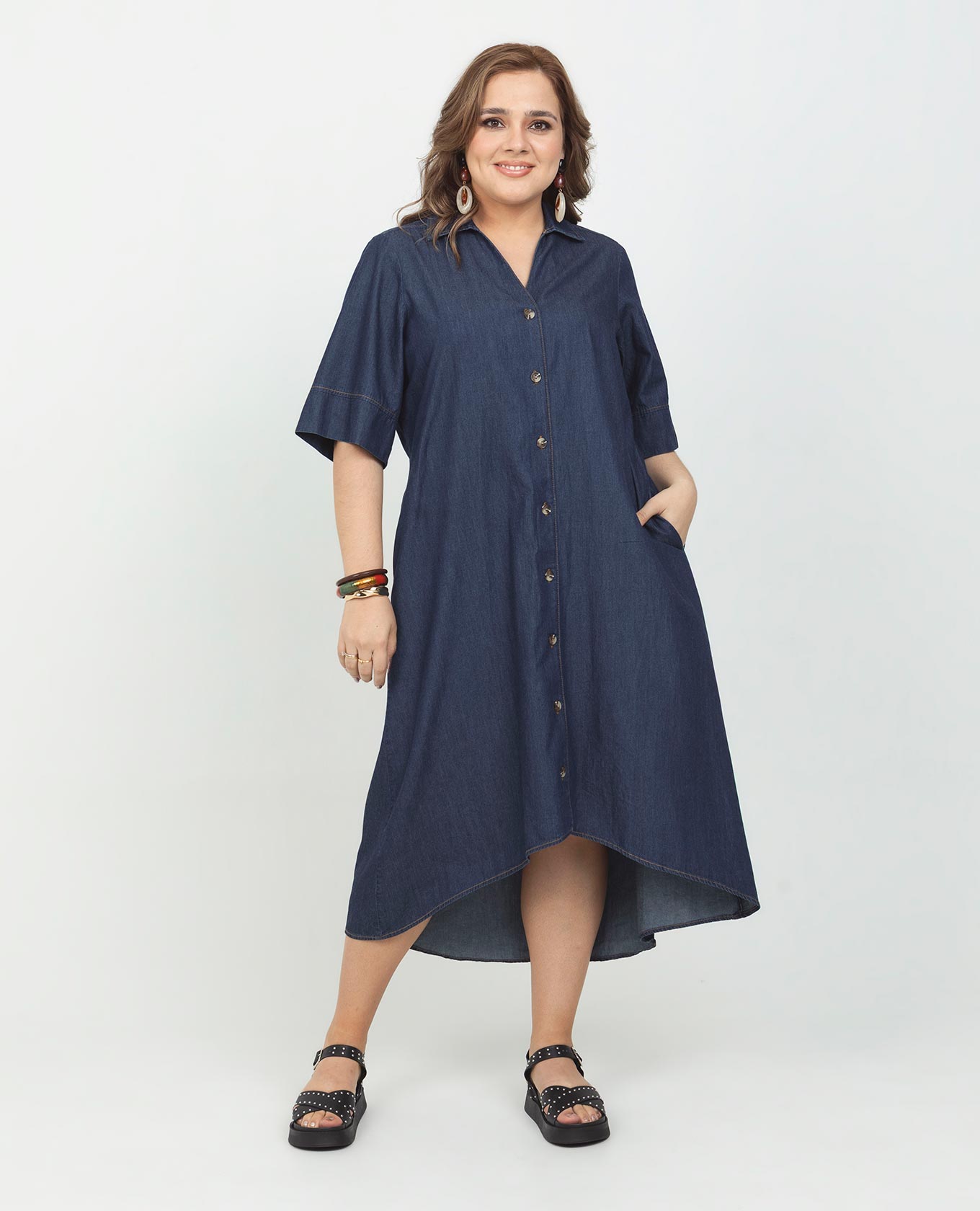 VESTIDO CAMISERO TALLAS GRANDES EN CHAMBRAY CON CINTURÓN MANGA CORTA Adrissa