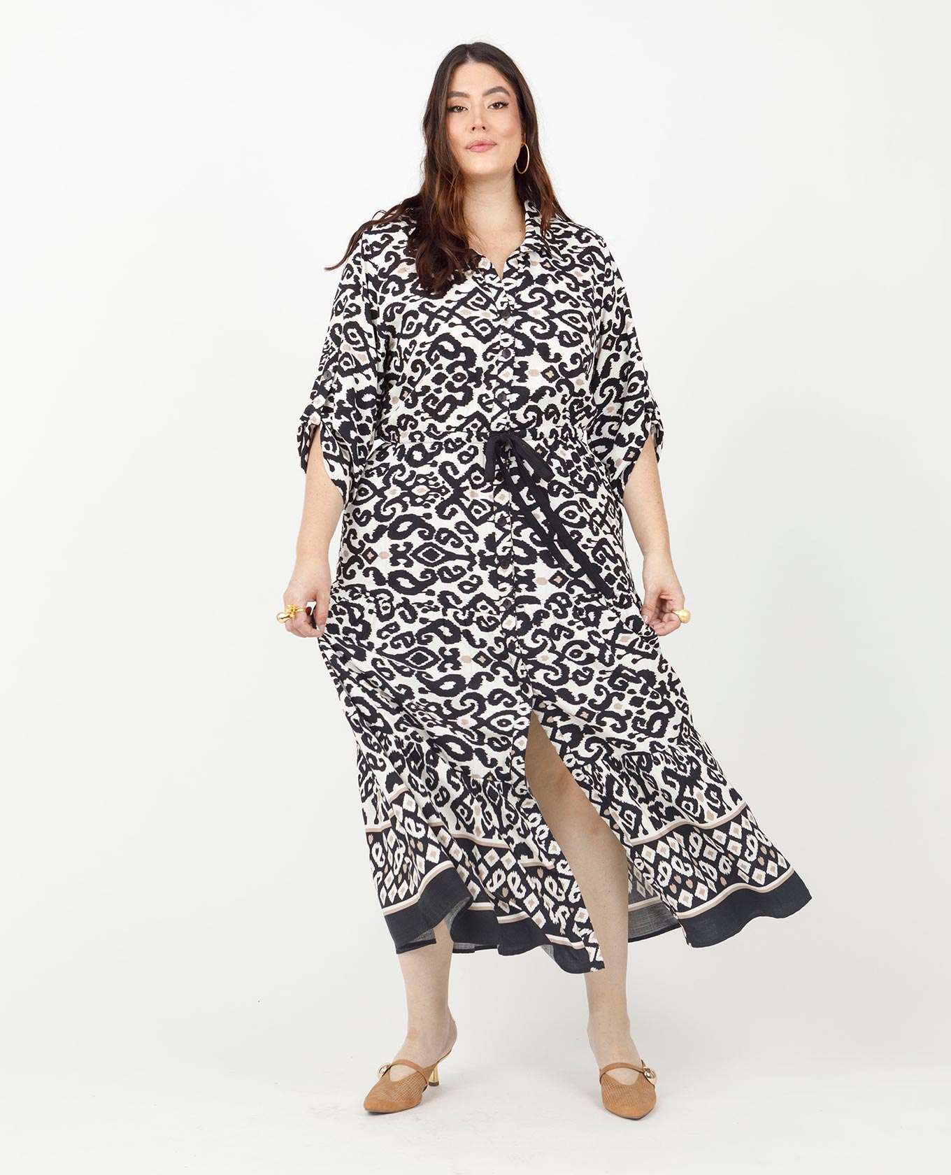 VESTIDO CAMISERO TALLAS GRANDES ESTAMPADO CON FAROLES CANAL EN CINTURA Y CENEFA Adrissa | Ropa para mujer