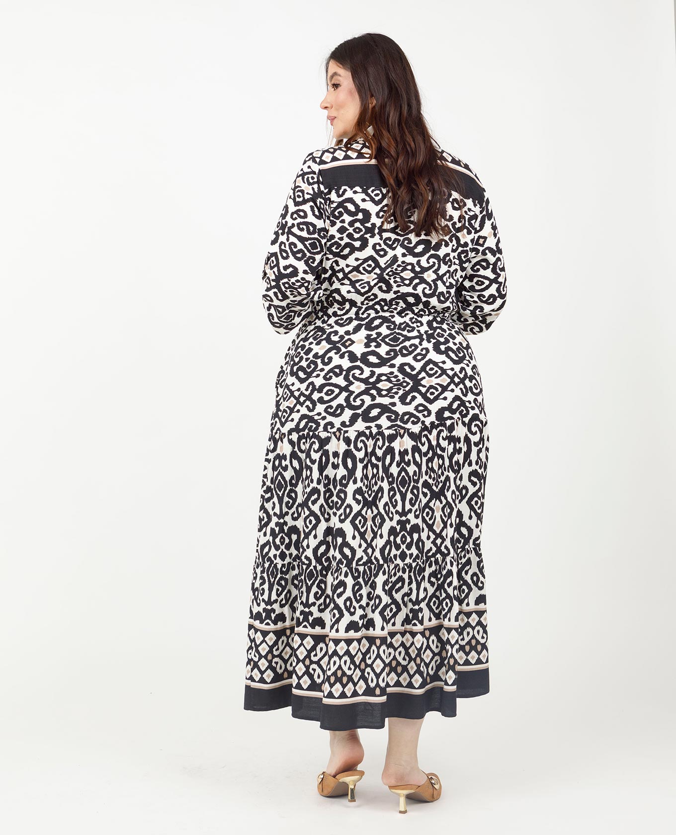 VESTIDO CAMISERO TALLAS GRANDES ESTAMPADO CON FAROLES CANAL EN CINTURA Y CENEFA Adrissa | Ropa para mujer