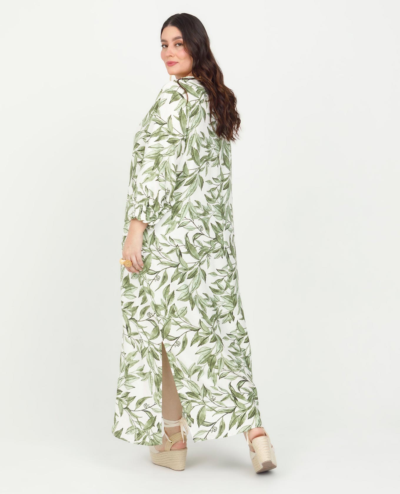 VESTIDO LARGO TALLAS GRANDES ESTAMPADO MANGA 3/4 CON PUÑOS EN NIDO DE ABEJA Adrissa | Ropa para mujer Vestidos