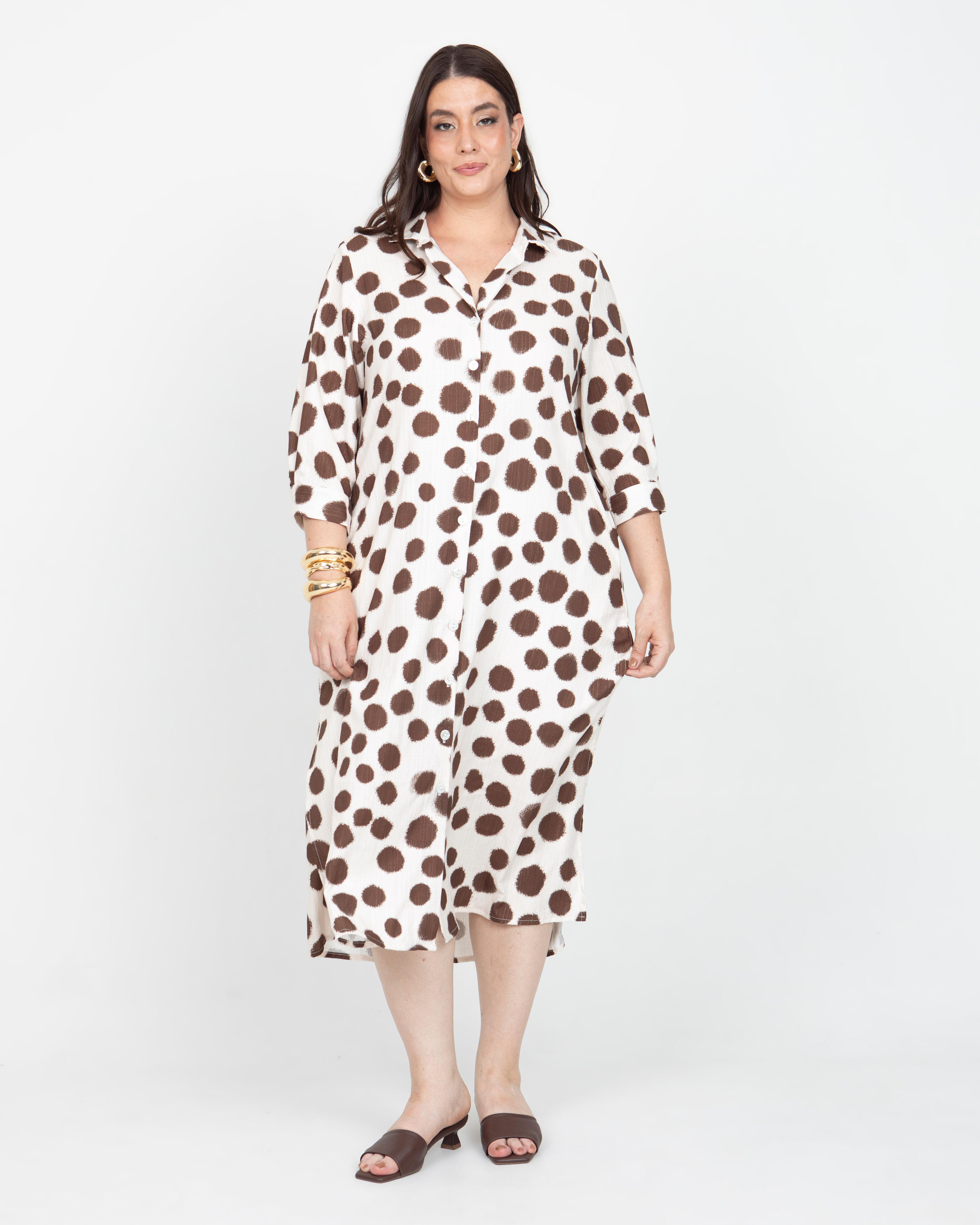 VESTIDO CAMISERO TALLAS GRANDES ESTAMPADO LUNARES EN JACQUARD MANGA 3/4 Adrissa | Ropa para mujer Vestidos