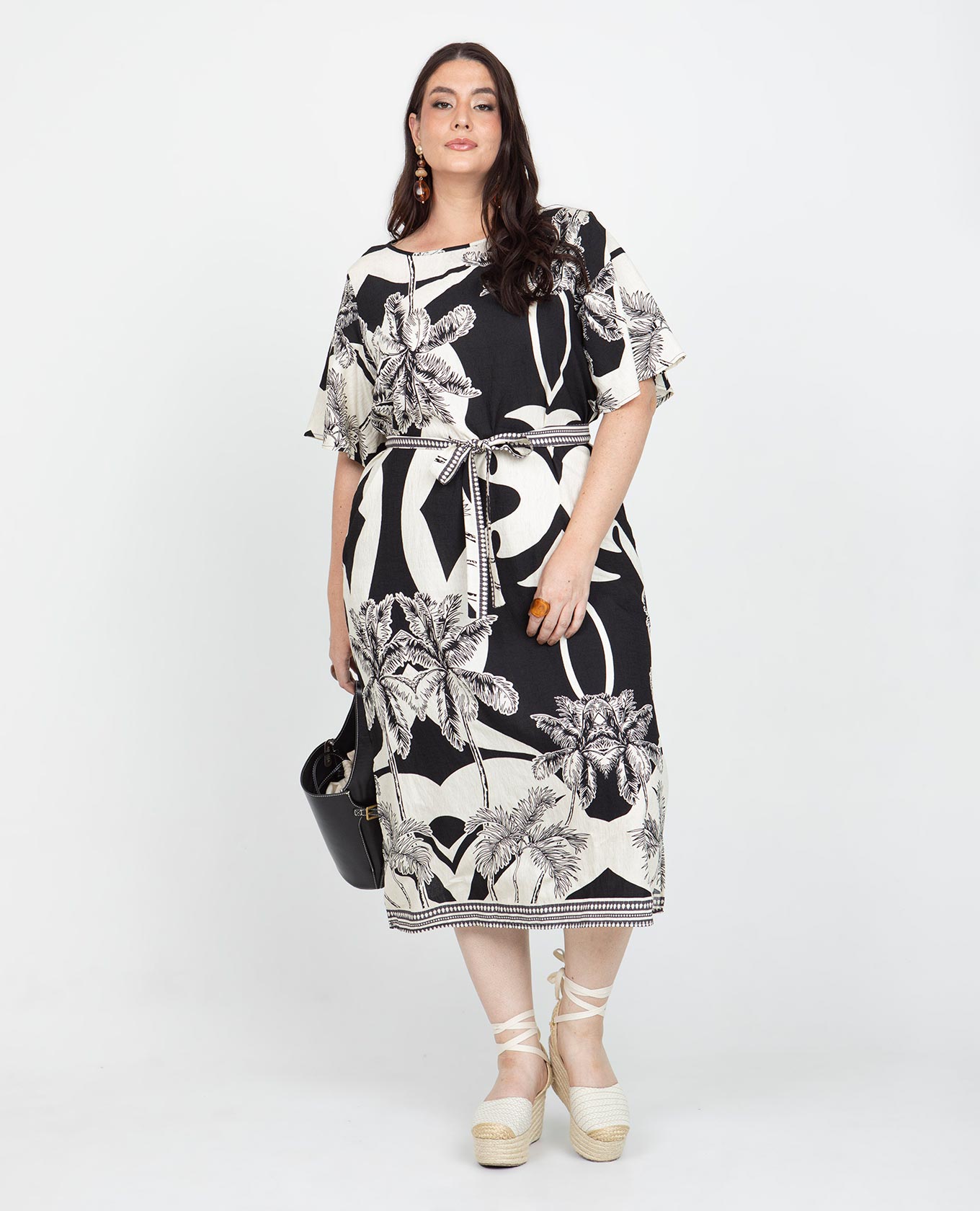 VESTIDO MIDI TALLAS GRANDES ESTAMPADO BICOLOR SILUETA TALEGO CON CINTURÓN