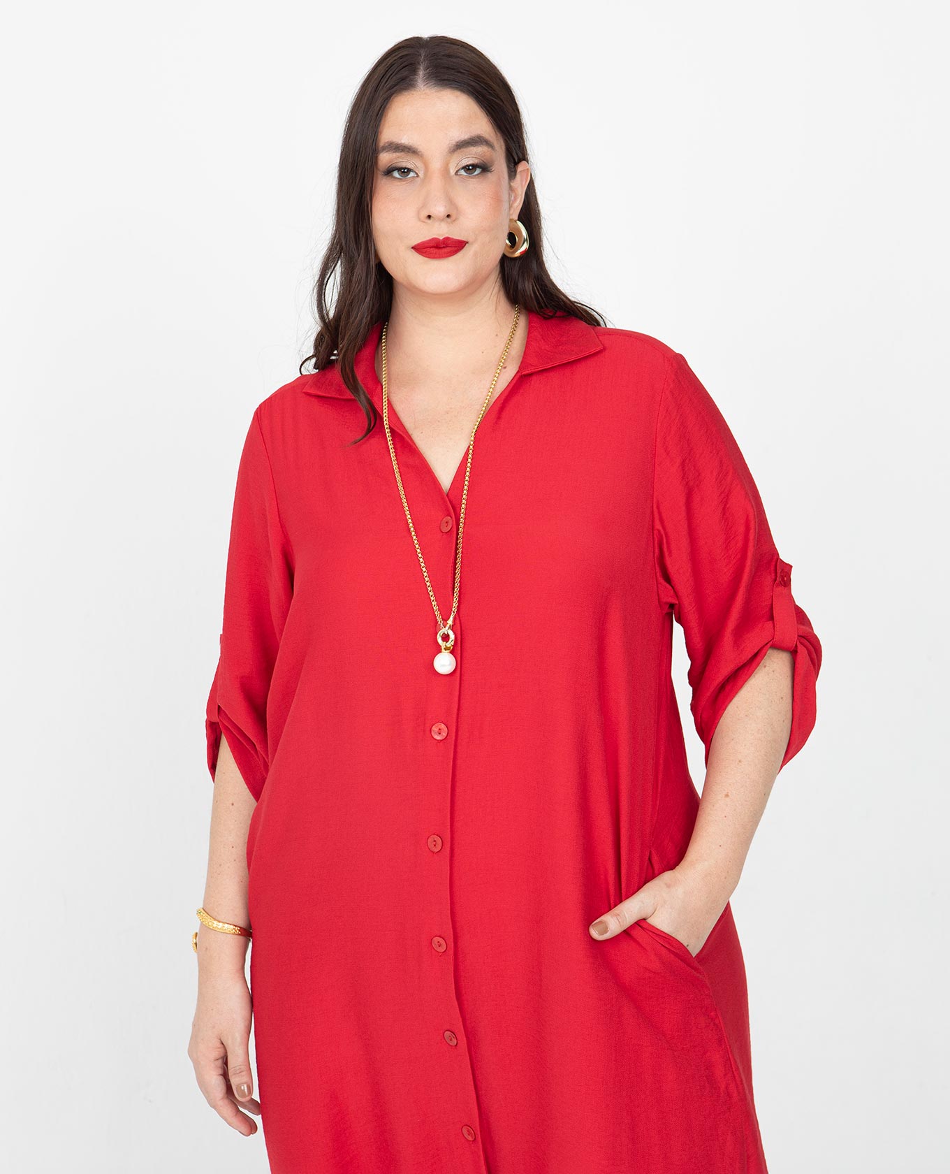 VESTIDO CAMISERO TALLAS GRANDES MANGA 3/4 CON CHARRETERAS
