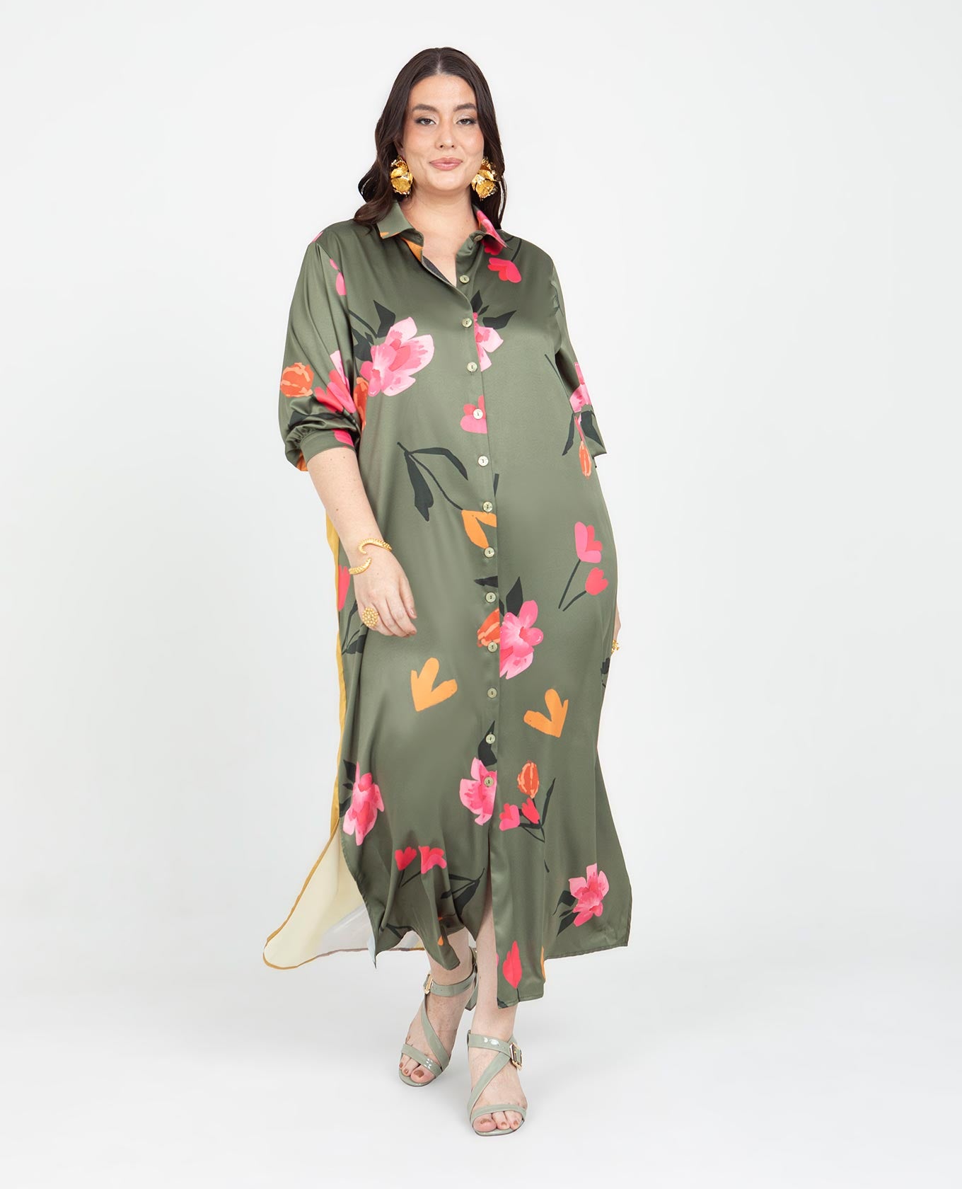 VESTIDO LARGO TALLAS GRANDES CAMISERO ESTAMPADO EXCLUSIVO MANGA 3/4