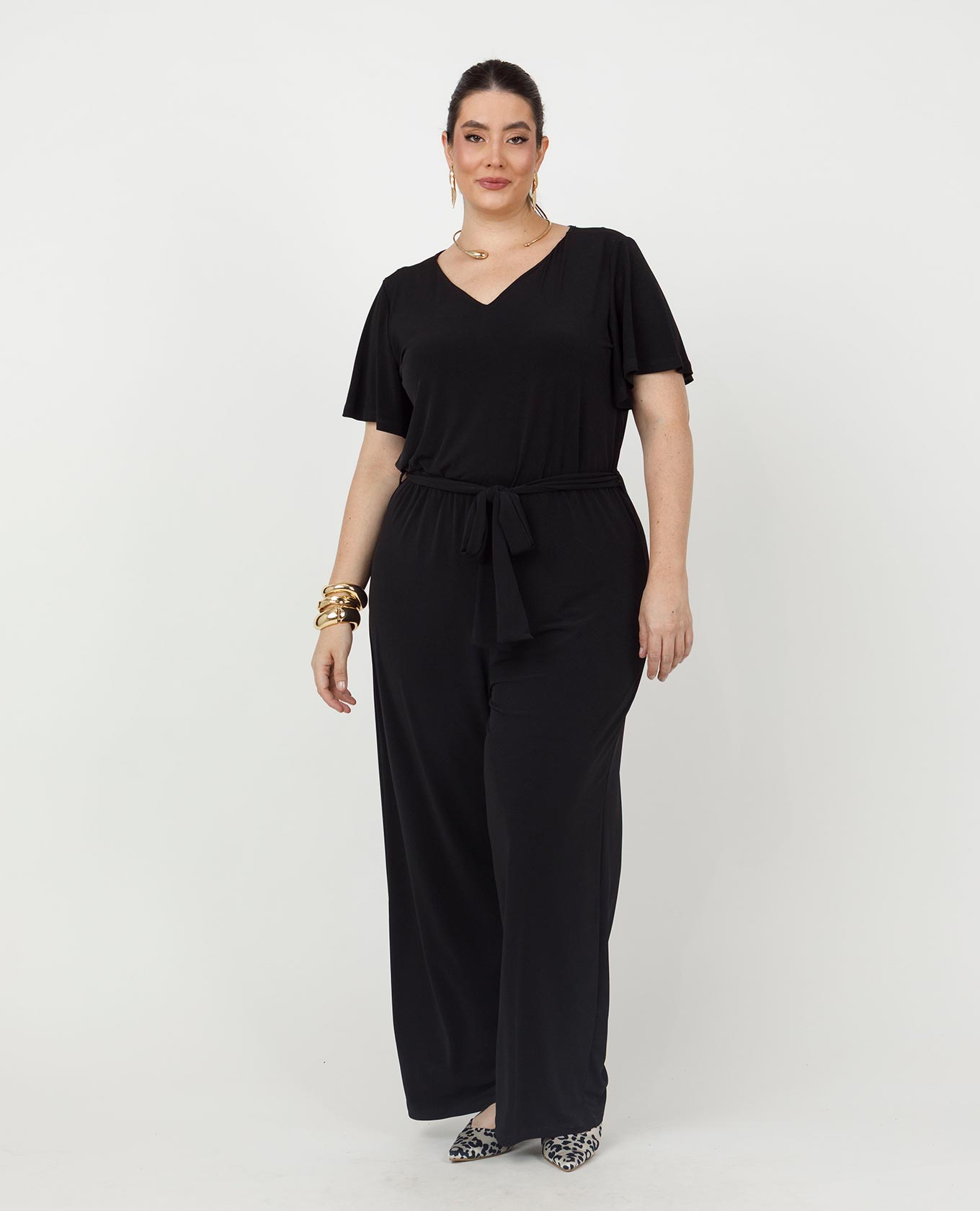 ENTERIZO NEGRO TALLAS GRANDES LARGO EN TEJIDO DE PUNTO MANGA CORTA CON CINTURÓN Adrissa | Ropa para mujer Enterizos