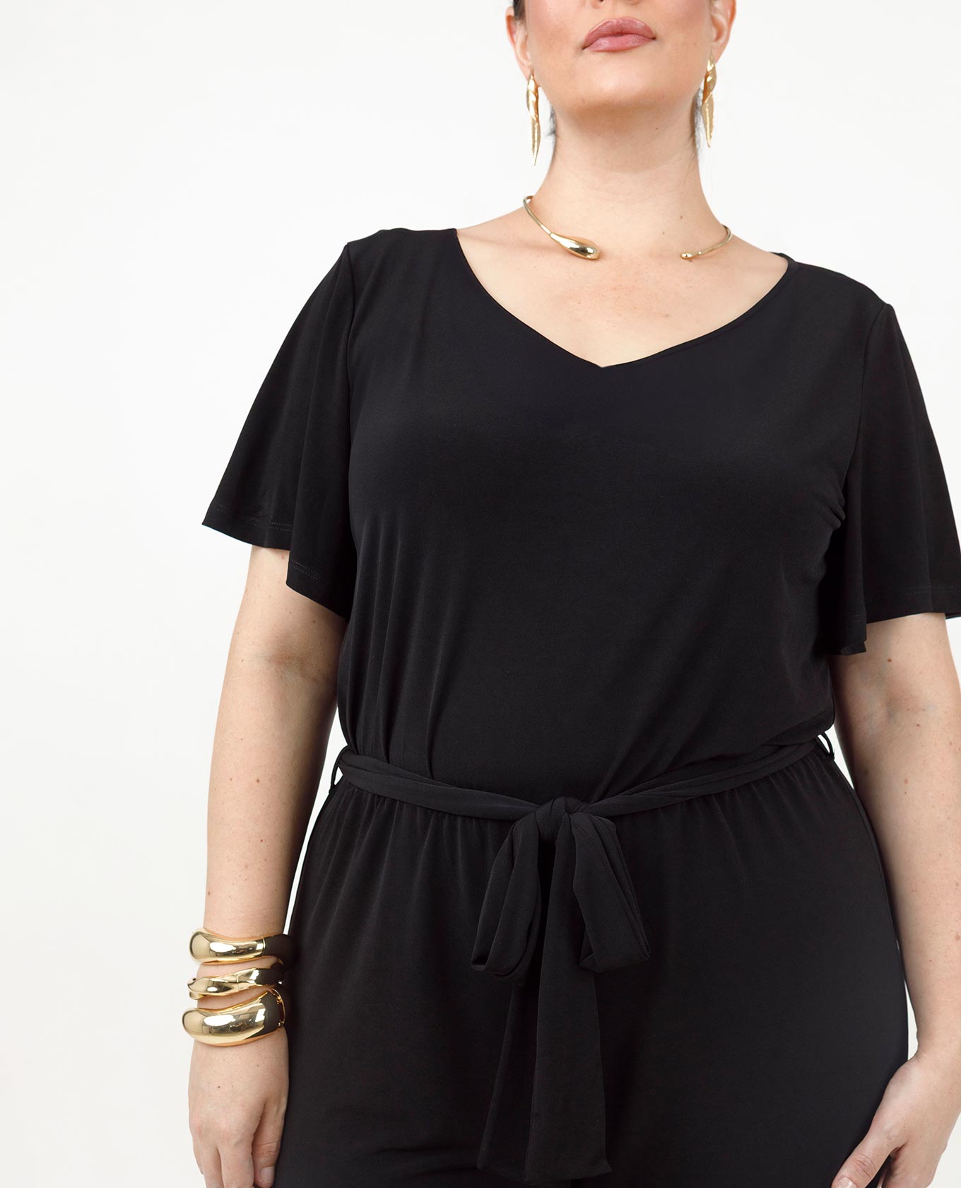 ENTERIZO NEGRO TALLAS GRANDES LARGO EN TEJIDO DE PUNTO MANGA CORTA CON CINTURÓN Adrissa | Ropa para mujer Enterizos