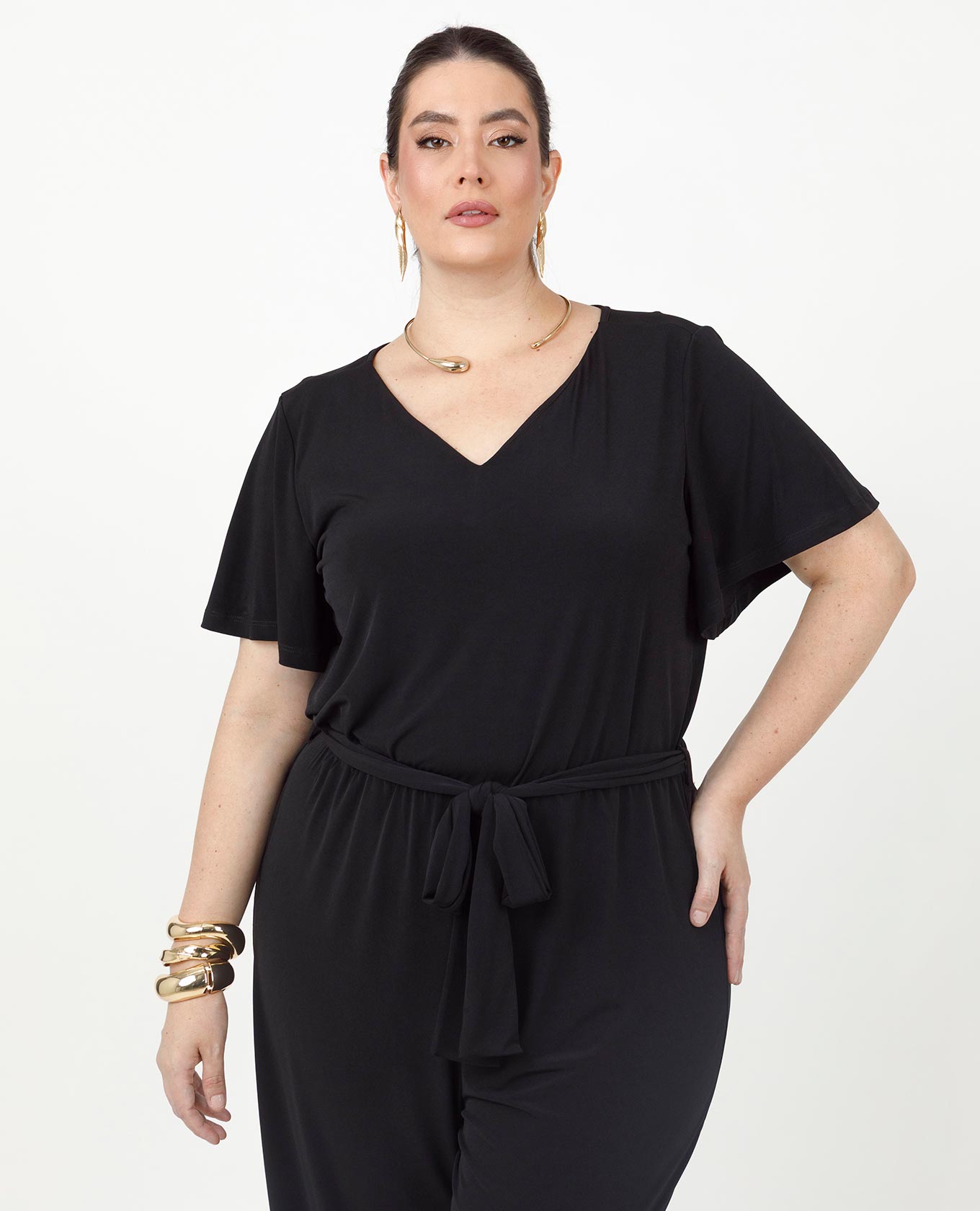 ENTERIZO NEGRO TALLAS GRANDES LARGO EN TEJIDO DE PUNTO MANGA CORTA CON CINTURÓN Adrissa | Ropa para mujer Enterizos