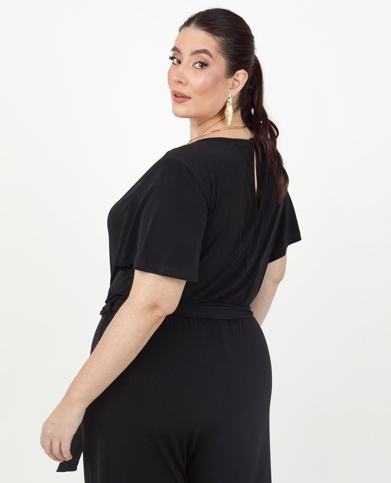 ENTERIZO NEGRO TALLAS GRANDES LARGO EN TEJIDO DE PUNTO MANGA CORTA CON CINTURÓN Adrissa | Ropa para mujer Enterizos