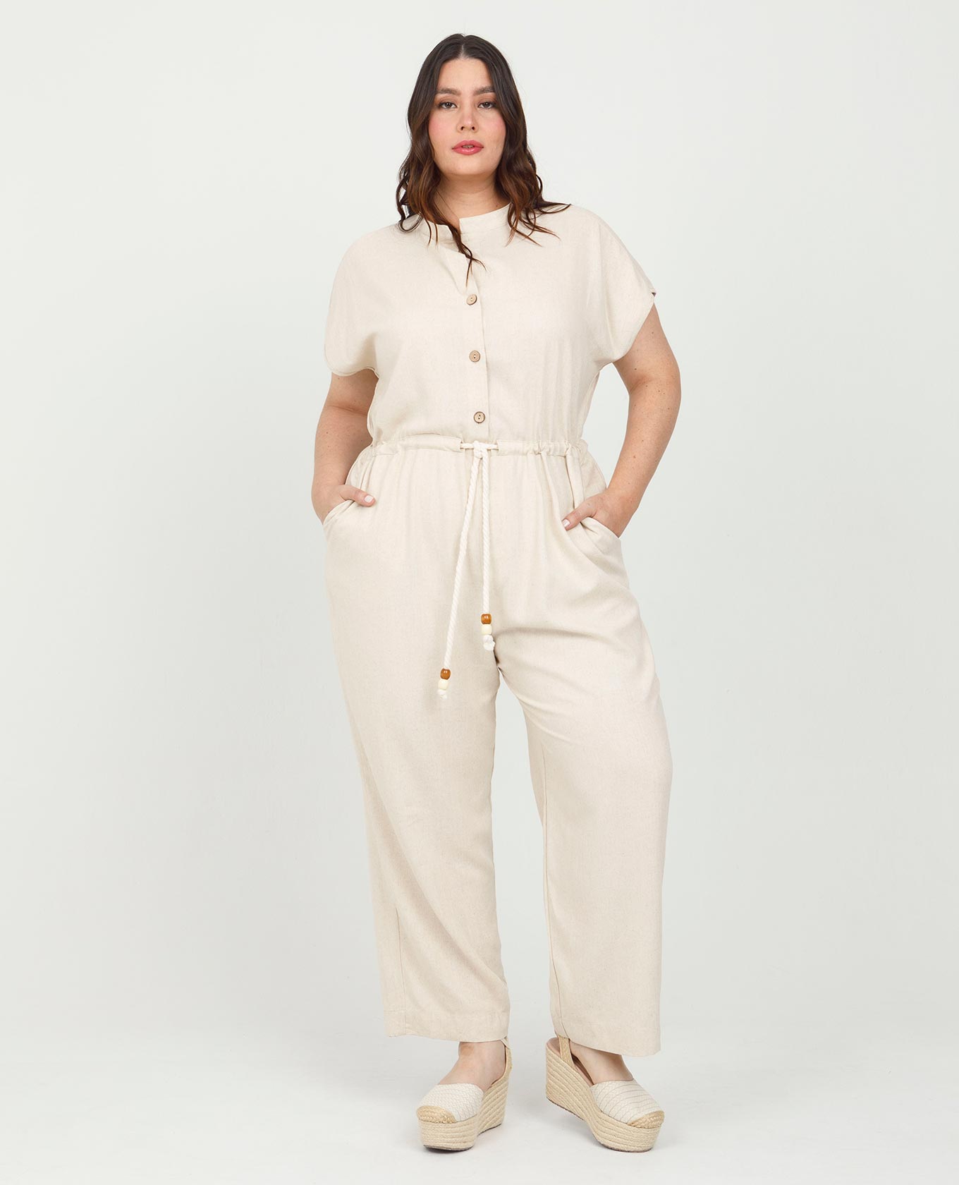 ENTERIZO LARGO TALLAS GRANDES MANGA RODADA CON CORDÓN Y PUNTERAS DECORATIVAS Adrissa | Ropa para mujer Enterizos