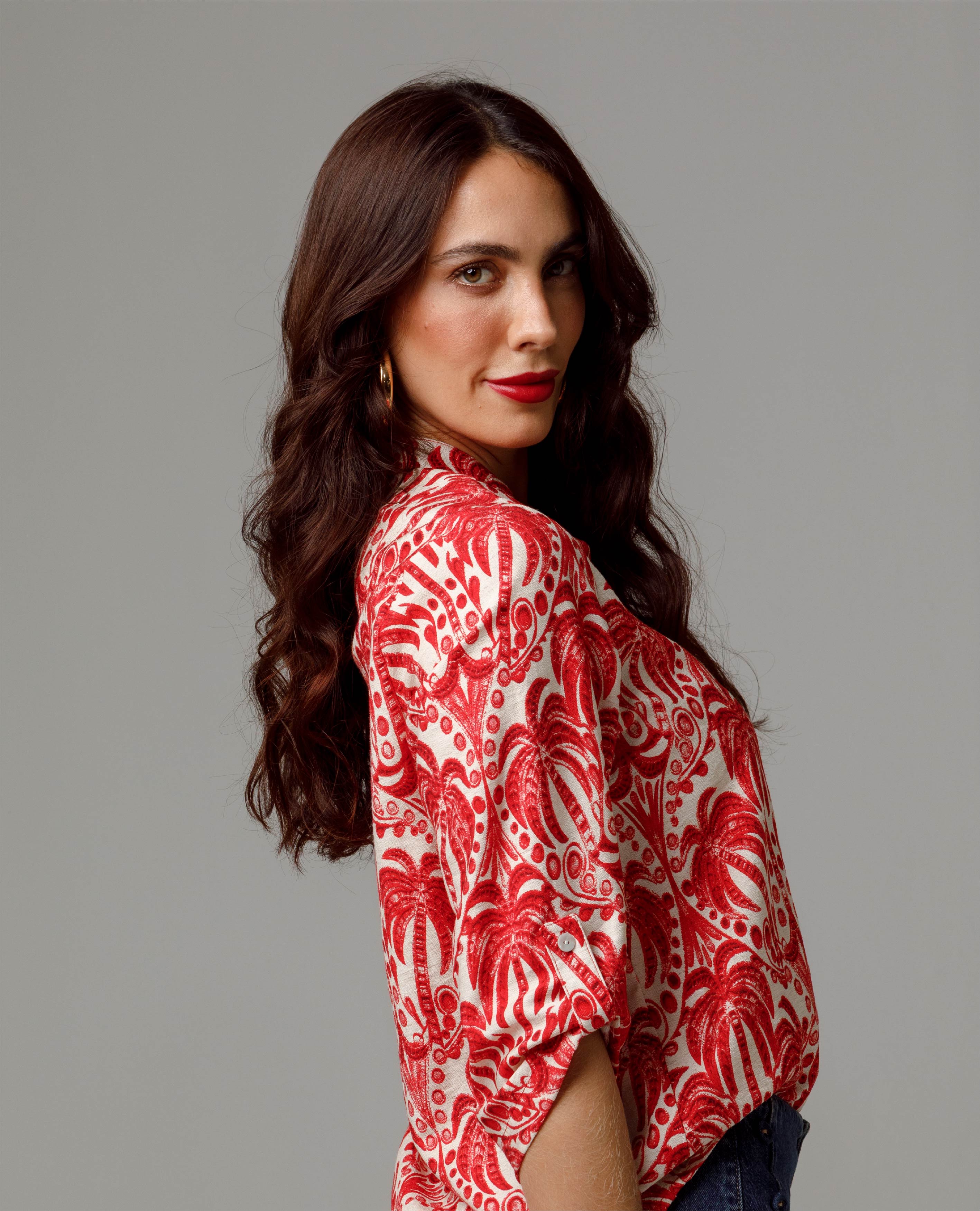 CAMISA MANGA 3/4 PARA MUJER ESTAMPADO PALMERAS CUELLO NERU CON CHARRETERA