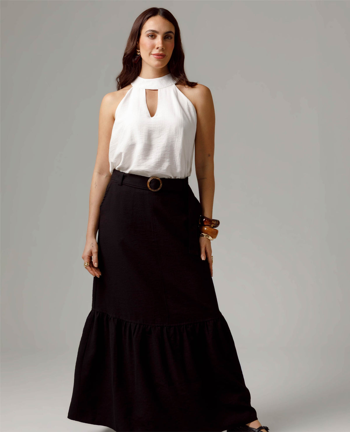 FALDA NEGRA PARA MUJER LARGA CON CINTURON Y ELASTICO EN PRETINA TRASERA Adrissa | Ropa para mujer Faldas