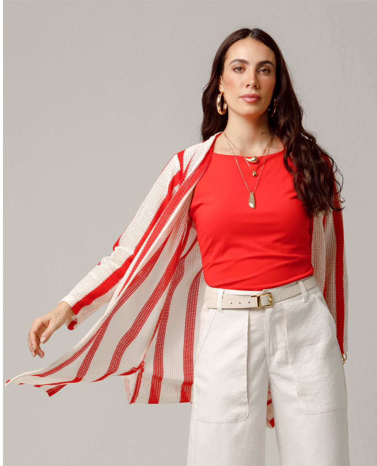CARDIGAN TEJIDO PARA MUJER A RAYAS MANGA LARGA CON ABERTURAS