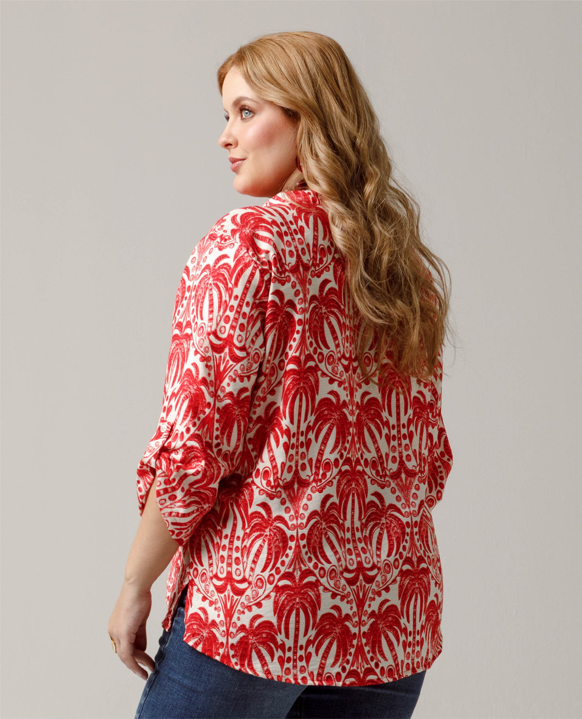 CAMISA MANGA 3/4 TALLAS GRANDES ESTAMPADO PALMERAS CUELLO NERU CON CHARRETERA Adrissa | Ropa para mujer Camisas