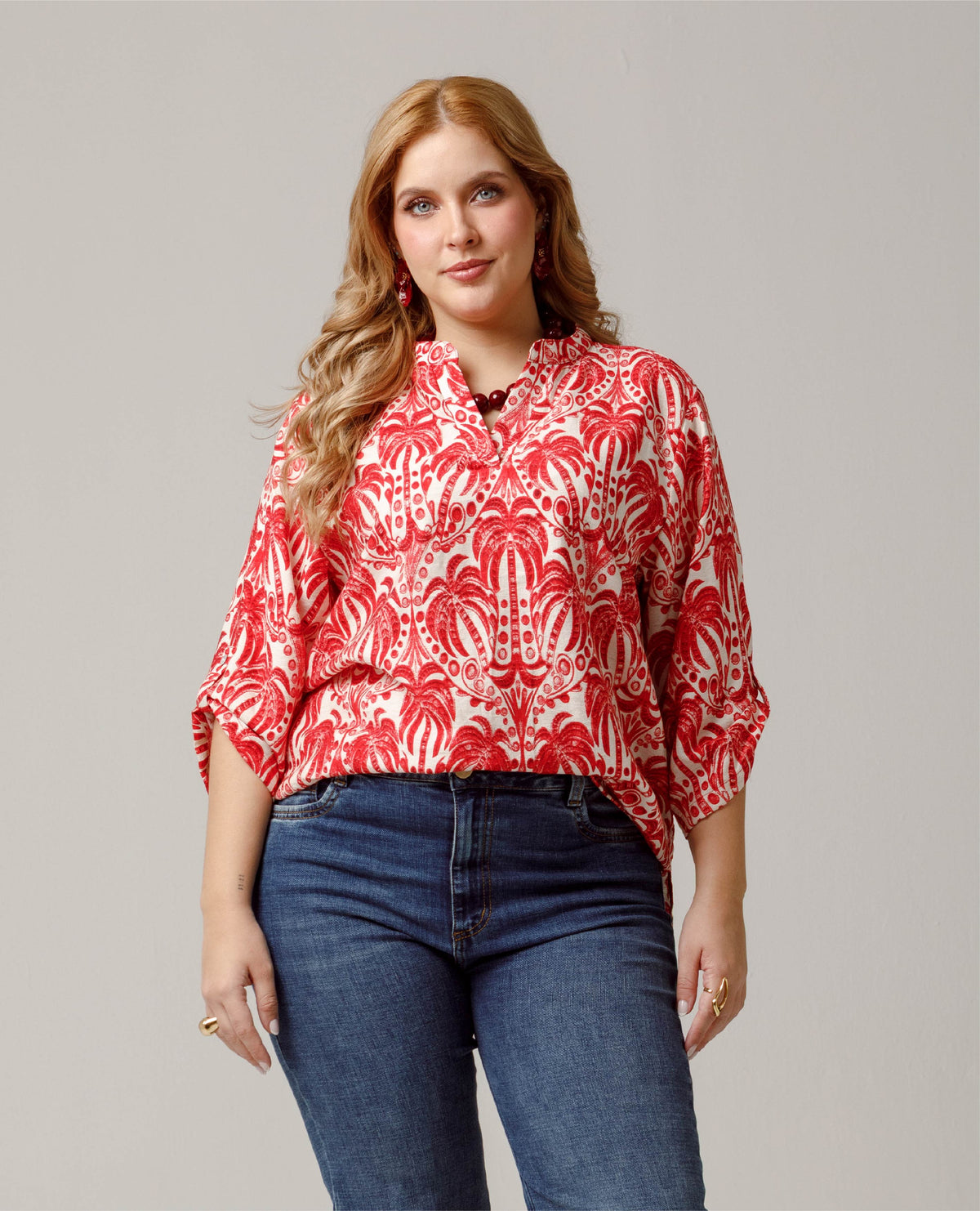 CAMISA MANGA 3/4 TALLAS GRANDES ESTAMPADO PALMERAS CUELLO NERU CON CHARRETERA Adrissa | Ropa para mujer Camisas