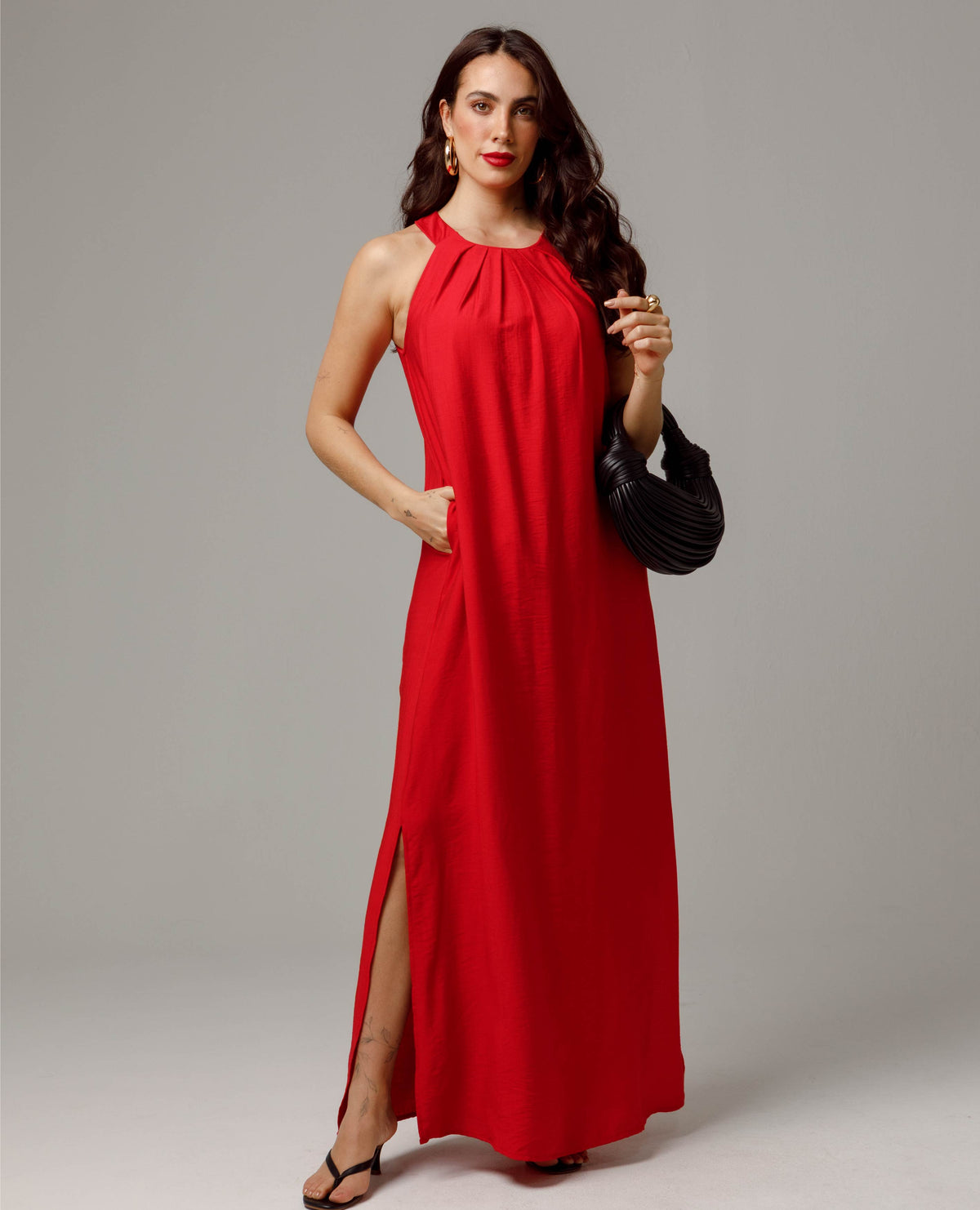 VESTIDO LARGO PARA MUJER ESCOTE HALTER CON PRESNES Y CINTURON