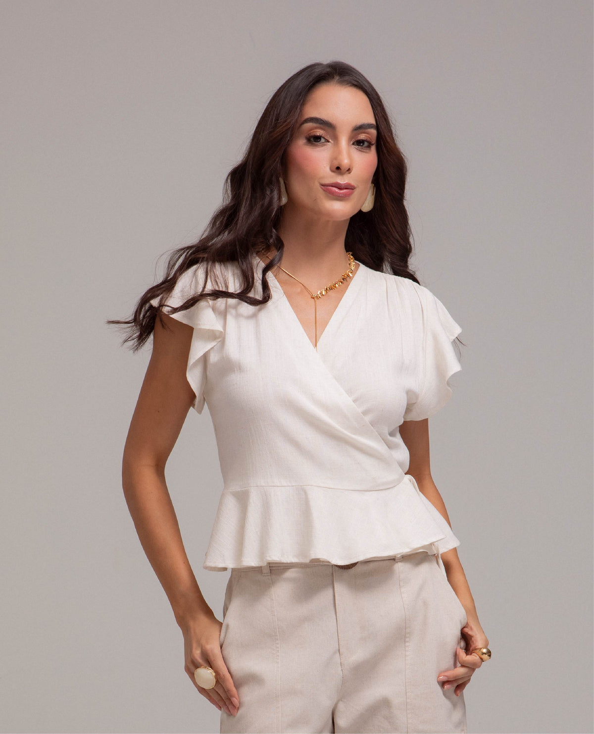BLUSA ENVOLVENTE PARA MUJER MANGA CORTA CON BOLERO TELA CON EFECTO SEMILLA Adrissa | Ropa para mujer Blusas