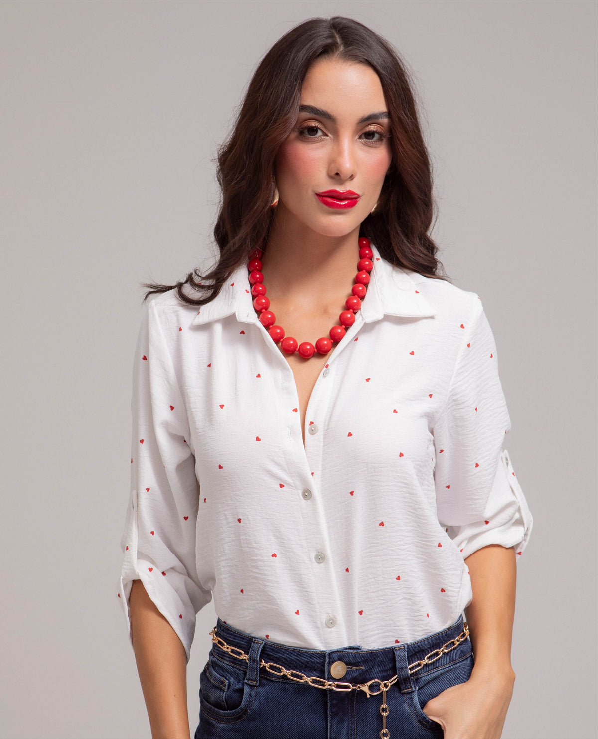 CAMISA MANGA 3/4 PARA MUJER ESTAMPADO CORAZONES CON CHARRETERAS