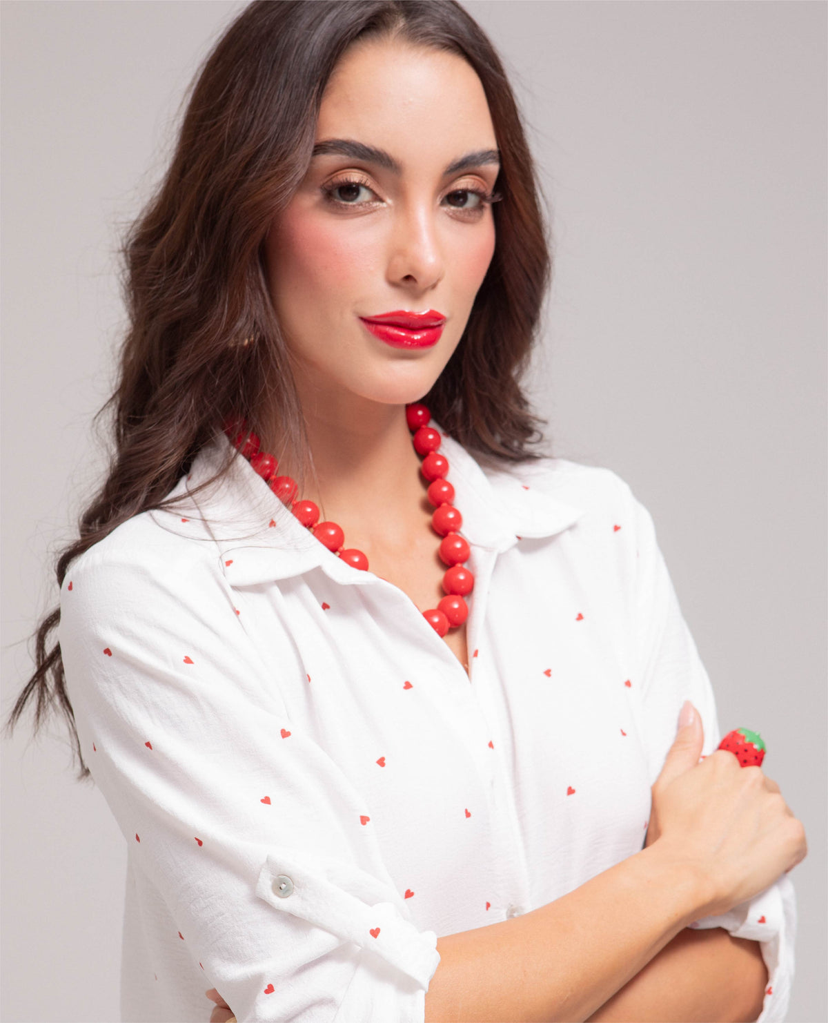 CAMISA MANGA 3/4 PARA MUJER ESTAMPADO CORAZONES CON CHARRETERAS