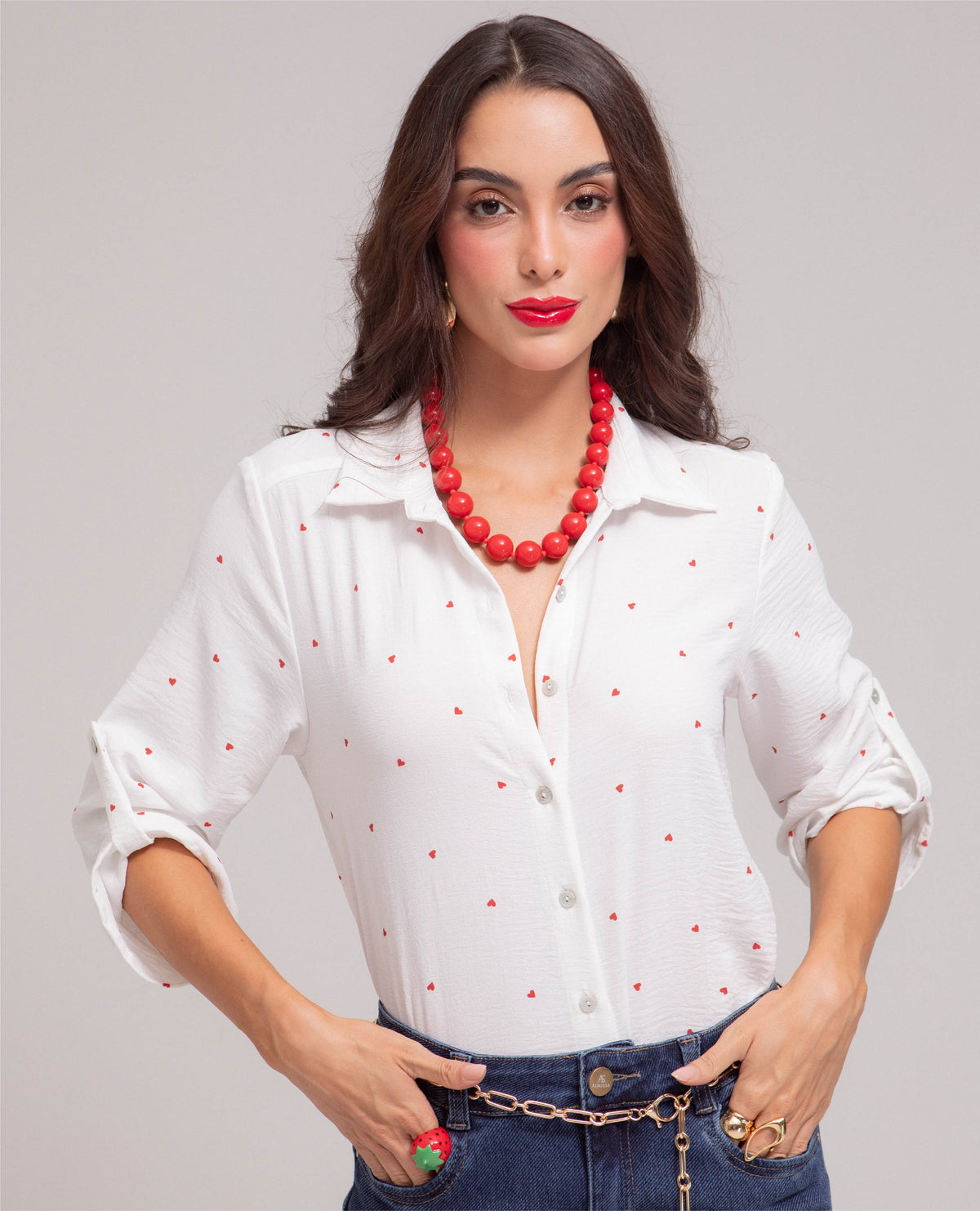 CAMISA MANGA 3/4 PARA MUJER ESTAMPADO CORAZONES CON CHARRETERAS