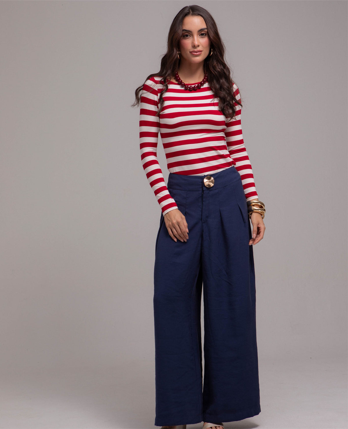 PANTALON WIDE LEG PARA MUJER MAXI BOTON DORADO CON PRENSES Adrissa | Ropa para mujer Pantalones