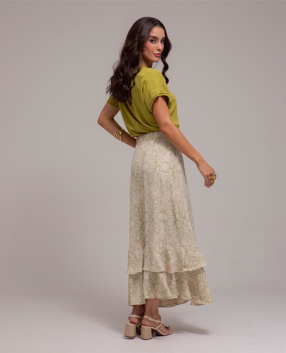 FALDA LARGA PARA MUJER ESTAMPADA CON TIRA EN CINTURA Y DOBLE BOLERO Adrissa | Ropa para mujer Faldas