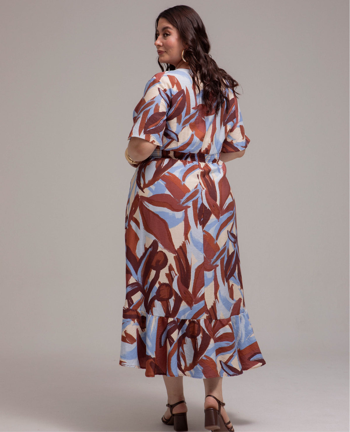 VESTIDO MIDI TALLAS GRANDES ASIMETRICO ESTAMPADO ESCOTE V CRUZADO MANGA CORTA