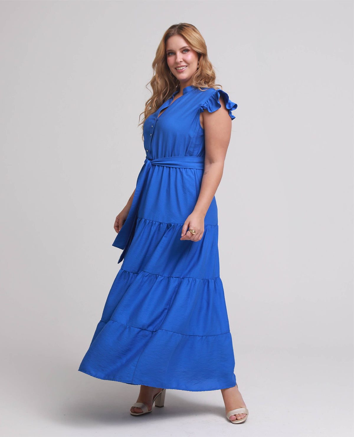 VESTIDO MIDI TALLAS GRANDES ESCOTE V FALDA CON FAROLES Y BOLSILLOS Adrissa | Ropa para mujer Vestidos