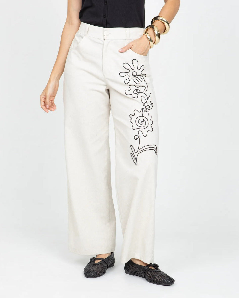 PANTALÓN RECTO PARA MUJER CON BORDADO EN CORDÓN CINTURA CON ELASTICO EN CINTURA 8 BEIGE Adrissa | Ropa para mujer Pantalones