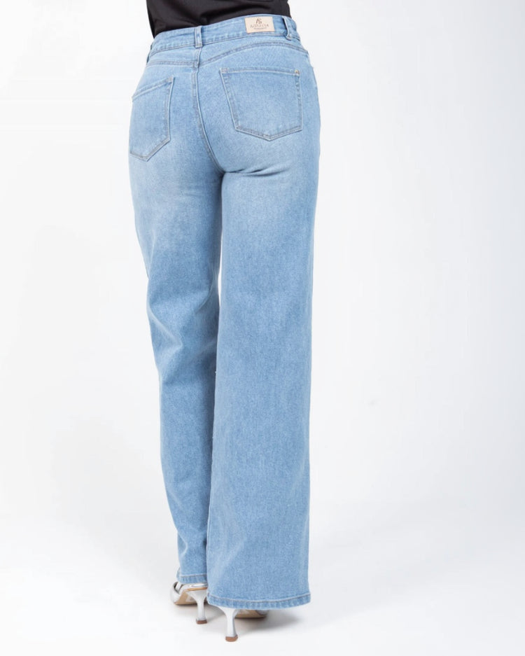 JEAN PALAZZO PARA MUJER TONO CLARO CINCO BOLSILLOS COSTURAS EN CONTRASTE 10 AZUL CLARO Adrissa | Ropa para mujer Jeans