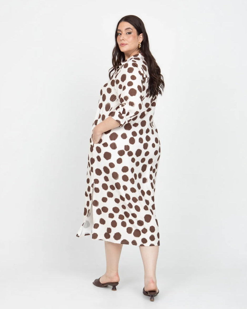 VESTIDO CAMISERO TALLAS GRANDES ESTAMPADO LUNARES EN JACQUARD MANGA 3/4 18 BEIGE Adrissa | Ropa para mujer Vestidos