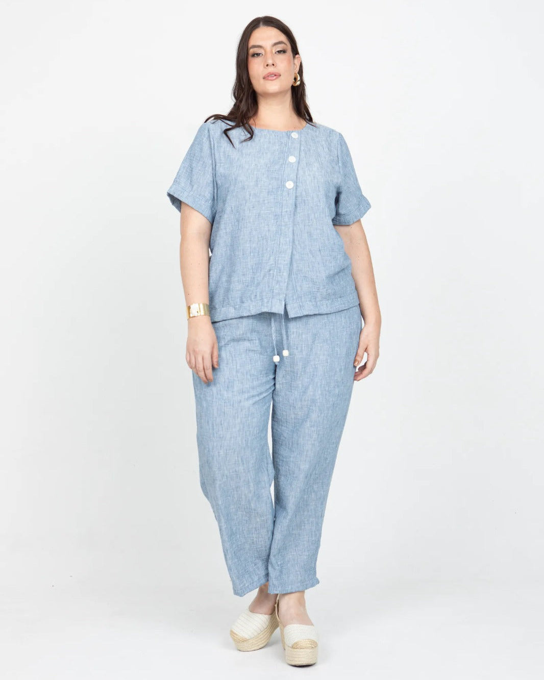 PANTALÓN RECTO TALLAS GRANDES CINTURA CON ELÁSTICO Y TIRA PARA ANUDAR AZUL INDIGO Adrissa | Ropa para mujer Pantalones