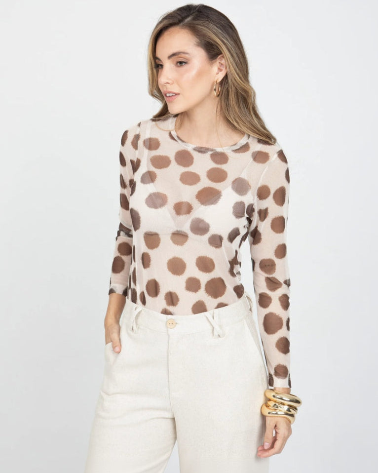 BUZO MESH PARA MUJER ESTAMPADO LUNARES IRREGULARES S BEIGE Adrissa | Ropa para mujer Blusas