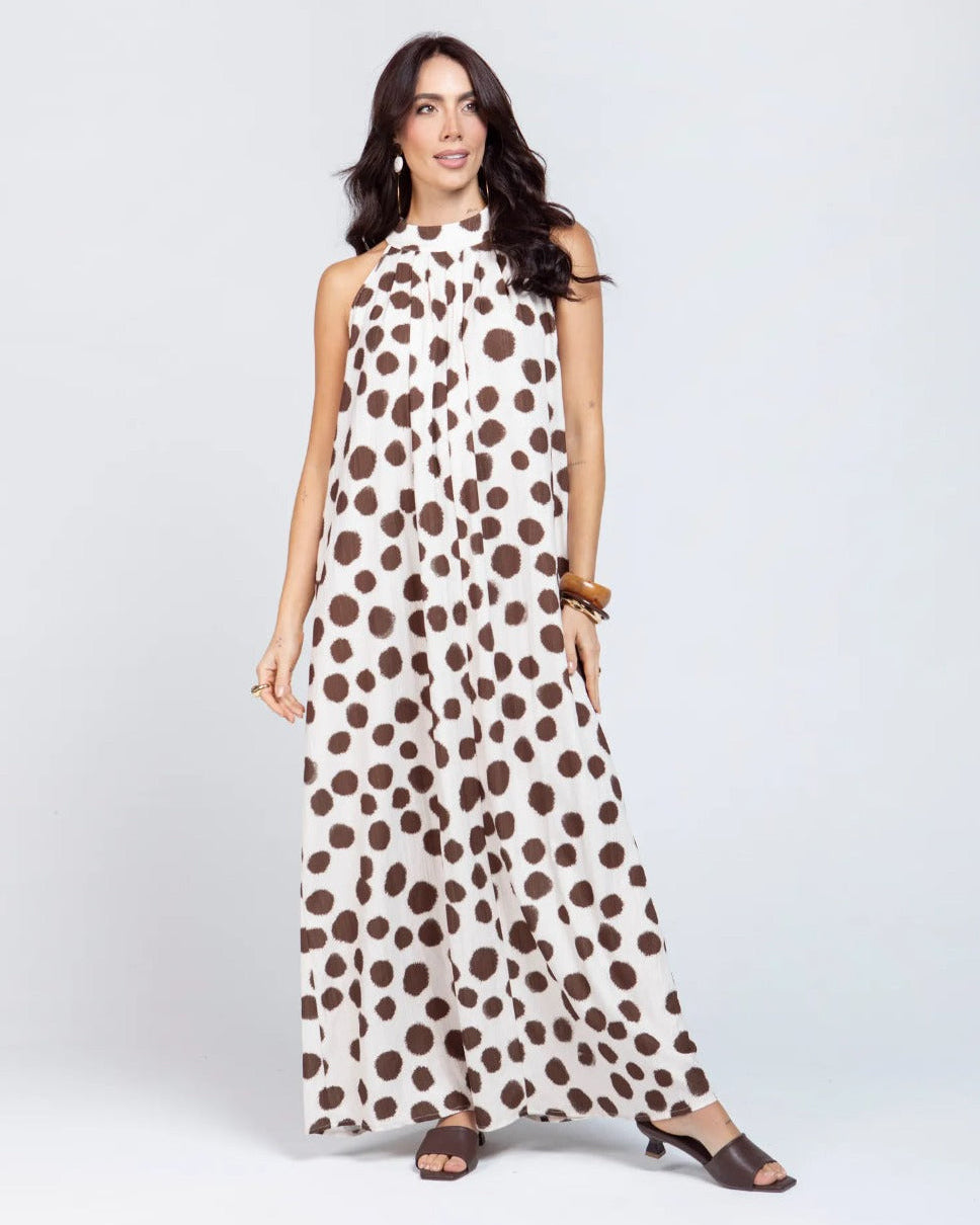 VESTIDO HALTER PARA MUJER ESTAMPADO LUNARES IRREGULAR TELA JACQUARD BEIGE Adrissa | Ropa para mujer Vestidos