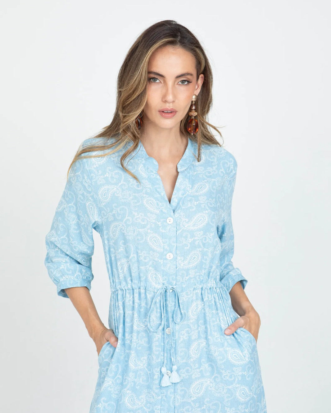 VESTIDO LARGO PARA MUJER ESTAMAPADO CON CANAL EN CINTURA Y TIRA PARA ANUDAR 8 AZUL CLARO Adrissa | Ropa para mujer Vestidos
