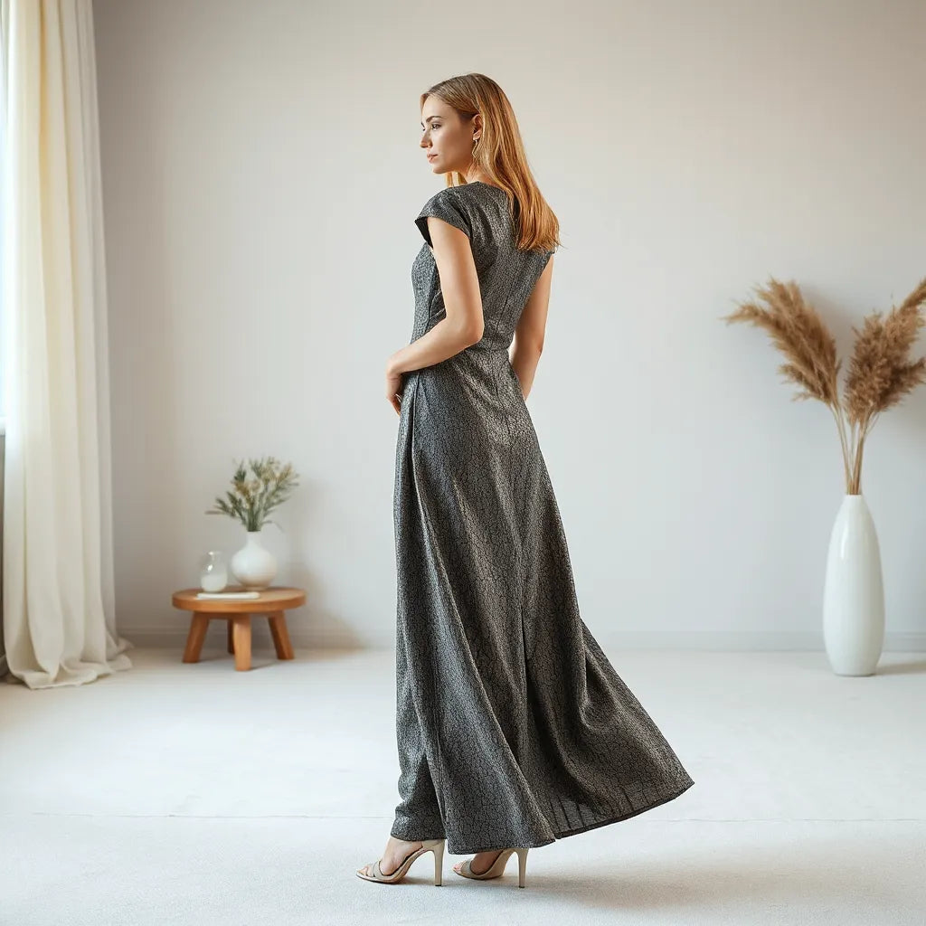 Mujer con vestido de efecto craquelado en tonos neutros, textura visible y silueta elegante