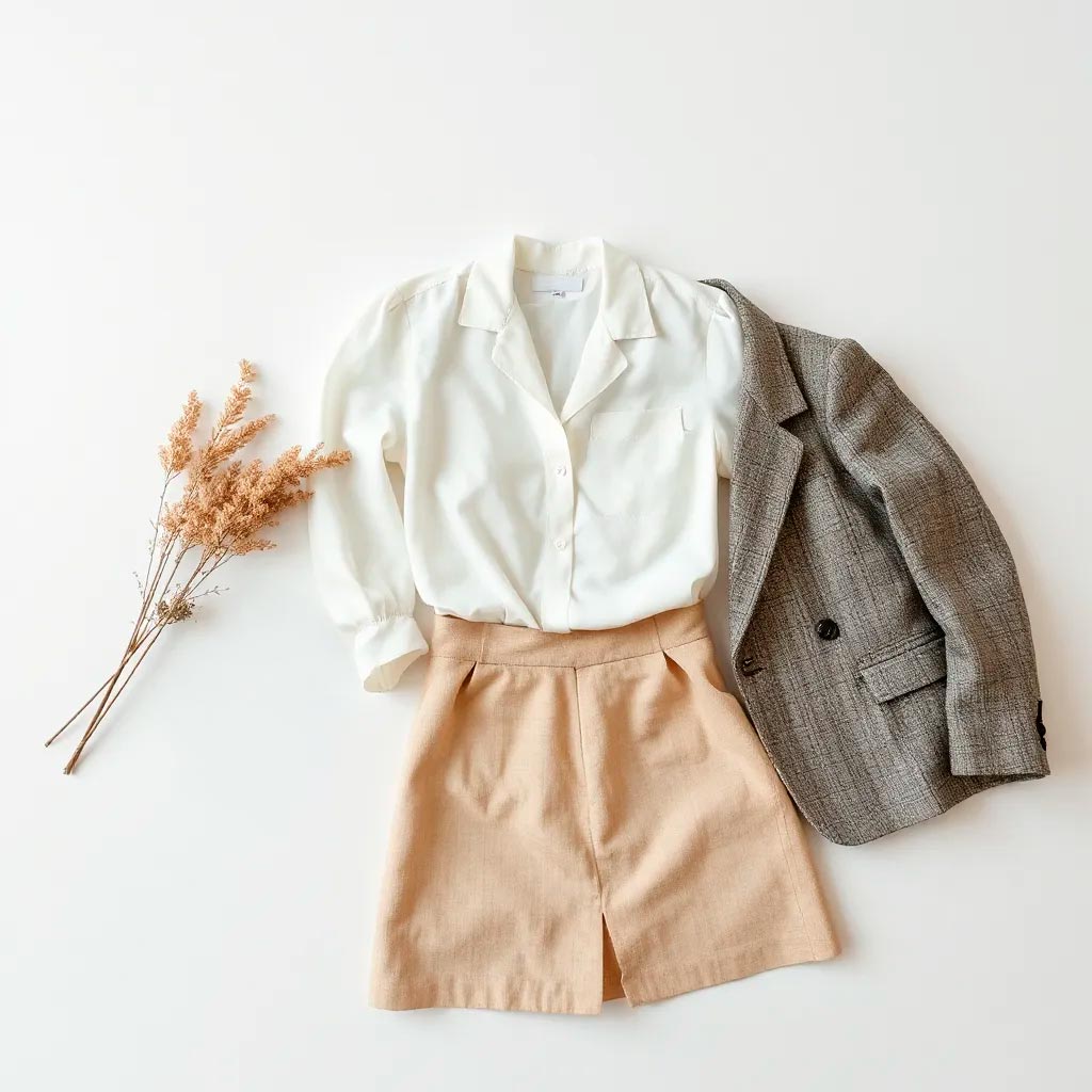 Blusa blanca de mujer con estilo combinado sobre fondo neutro y prendas complementarias cercanas