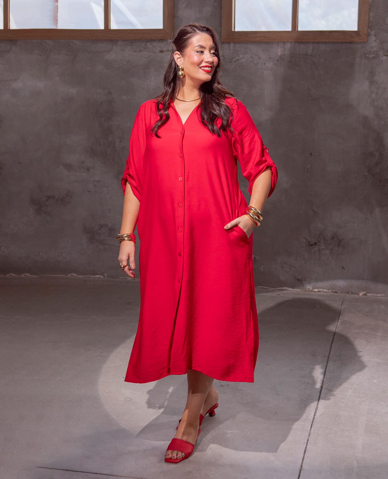 VESTIDO CAMISERO TALLAS GRANDES MANGA 3/4 CON CHARRETERAS