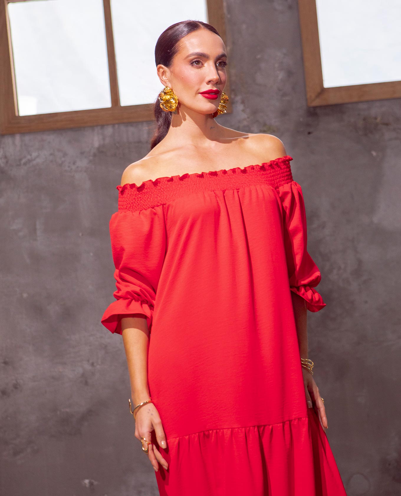 VESTIDO ESCOTE BANDEJA PARA MUJER LARGO CON NIDO DE ABEJA Y BOLERO INFERIOR