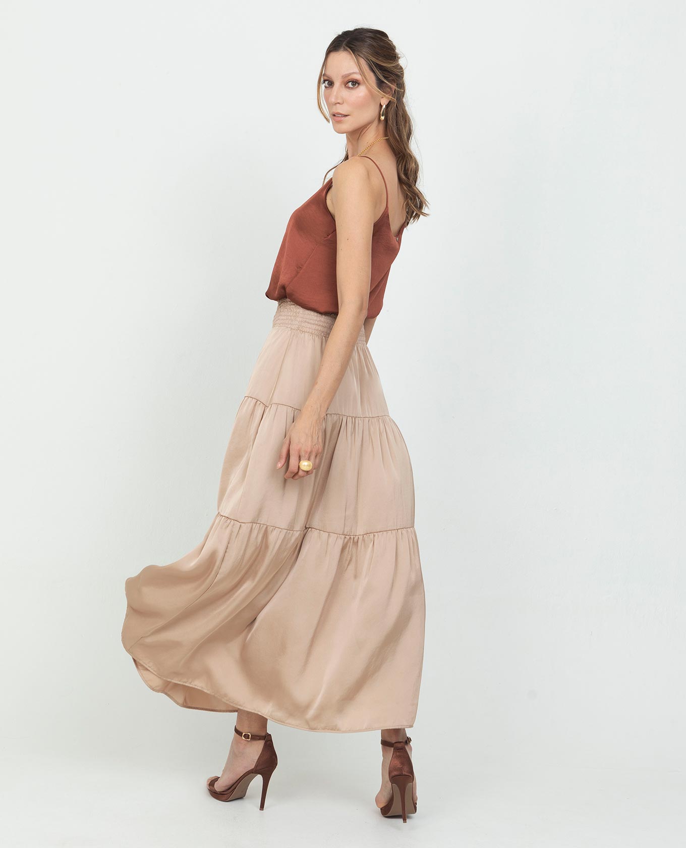 FALDA FAROLES PARA MUJER CON NIDO DE ABEJA EN PRETINA EN TELA SATINADA Adrissa