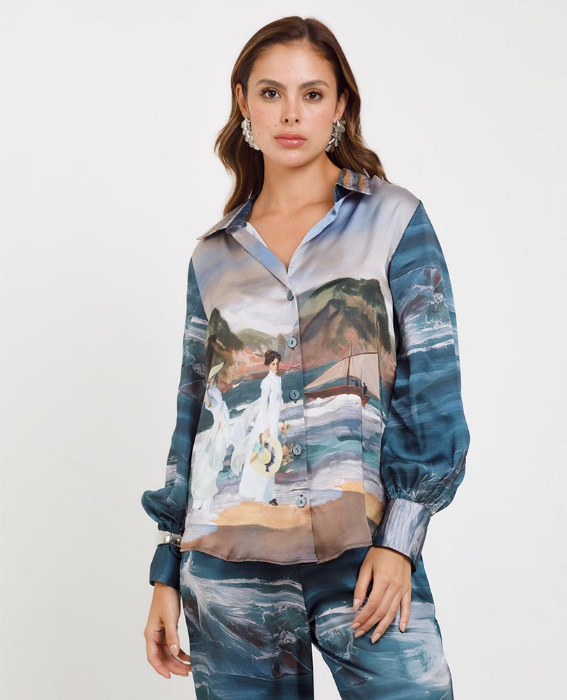 CAMISA SORROLLA PARA MUJER EN SATIN ESTAMPADO MANGA LARGA